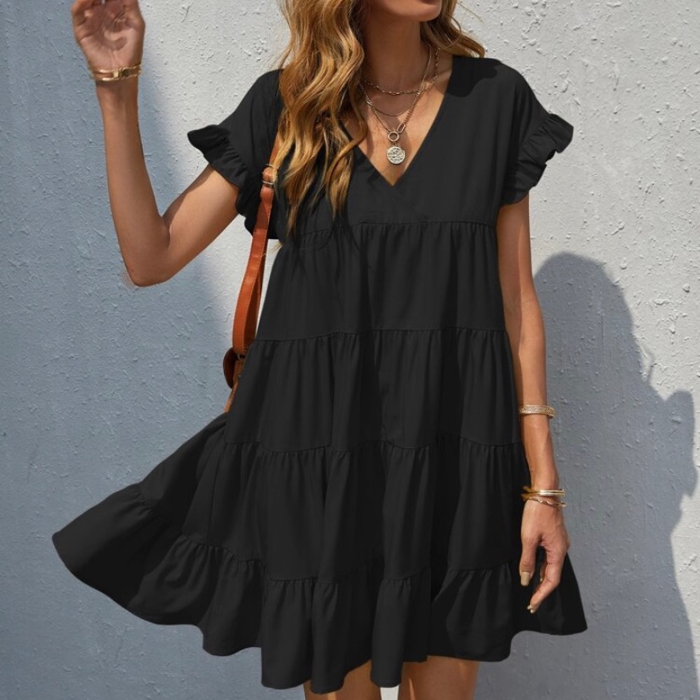 SHEIN Black Tiered Babydoll Dress with Ruffle Cuff and Flounce Hem XL
